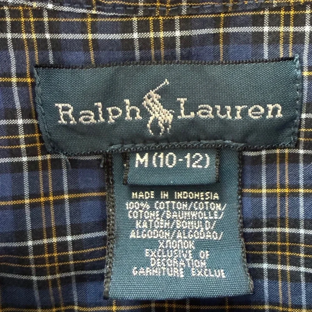Ralph Lauren Button Down Shirt Kids M 10-12 Blue Plaid Long Sleeve Pony Logo